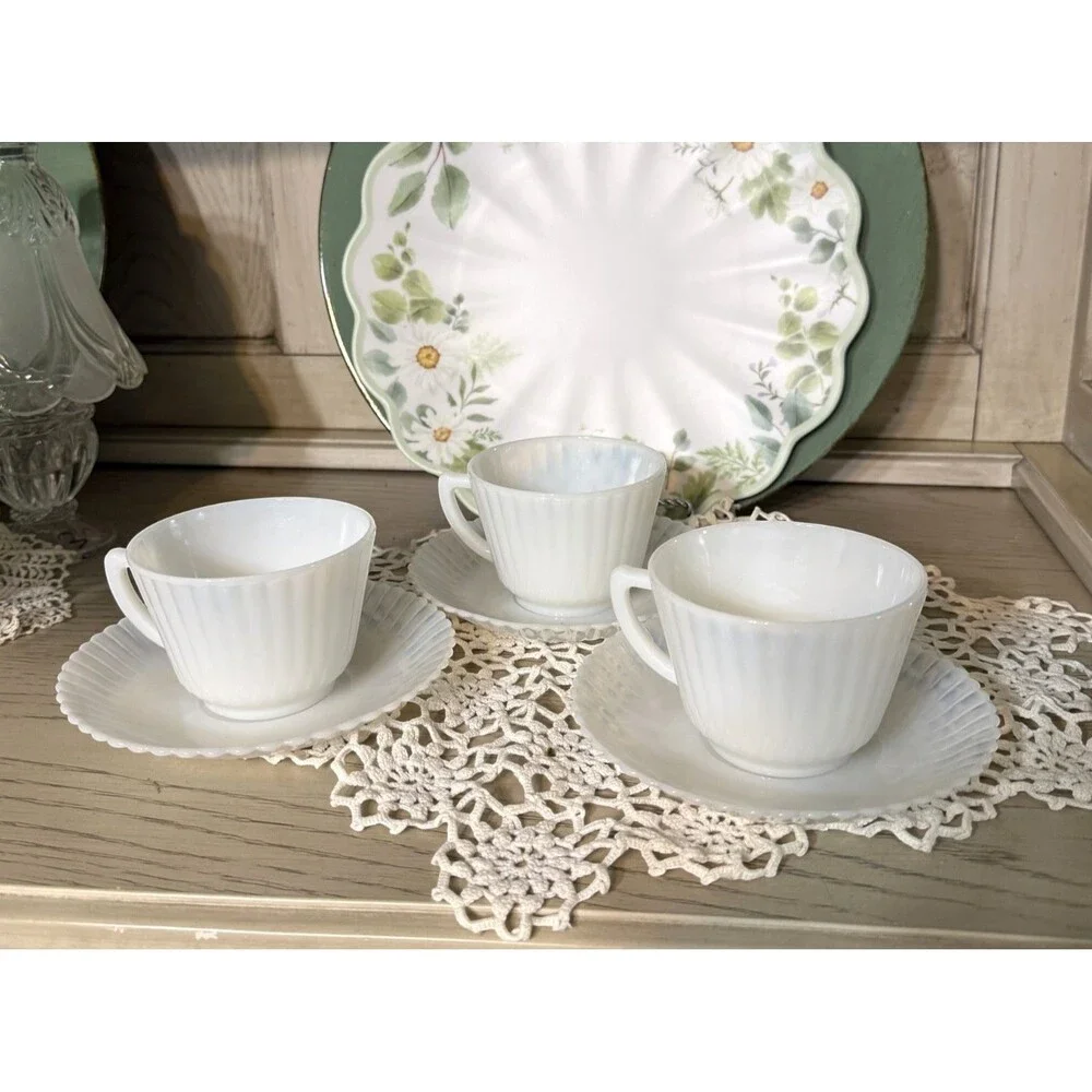 Milk Glass MacBeth Evans Tea Cups and Saucers Depressions Glass Opalescent